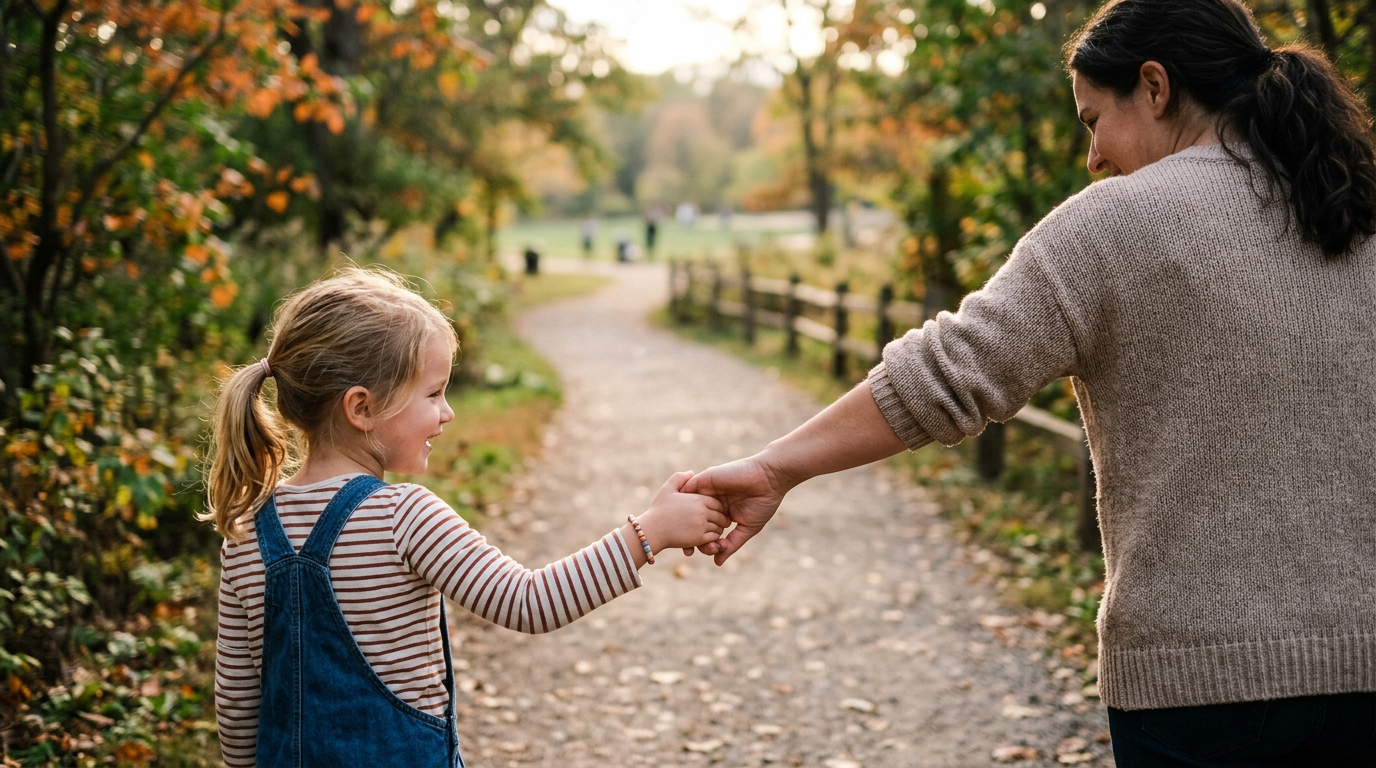 Mother holding daughter's hand while walking on an autumn trail